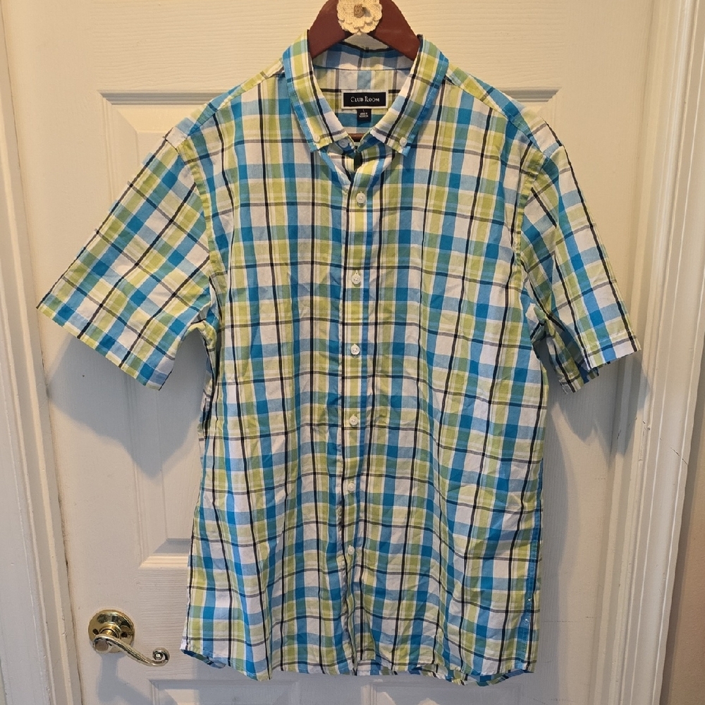 Club Room Men's Blue and Green Plaid Shirt- Size Large